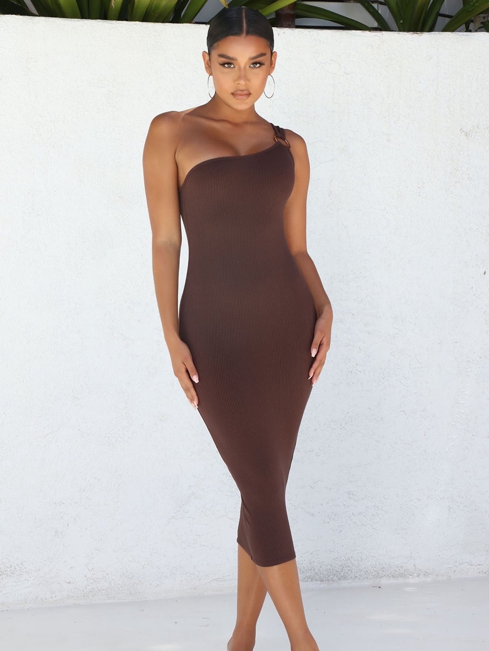 One-Shoulder Bodycon Midi Dress in Brown